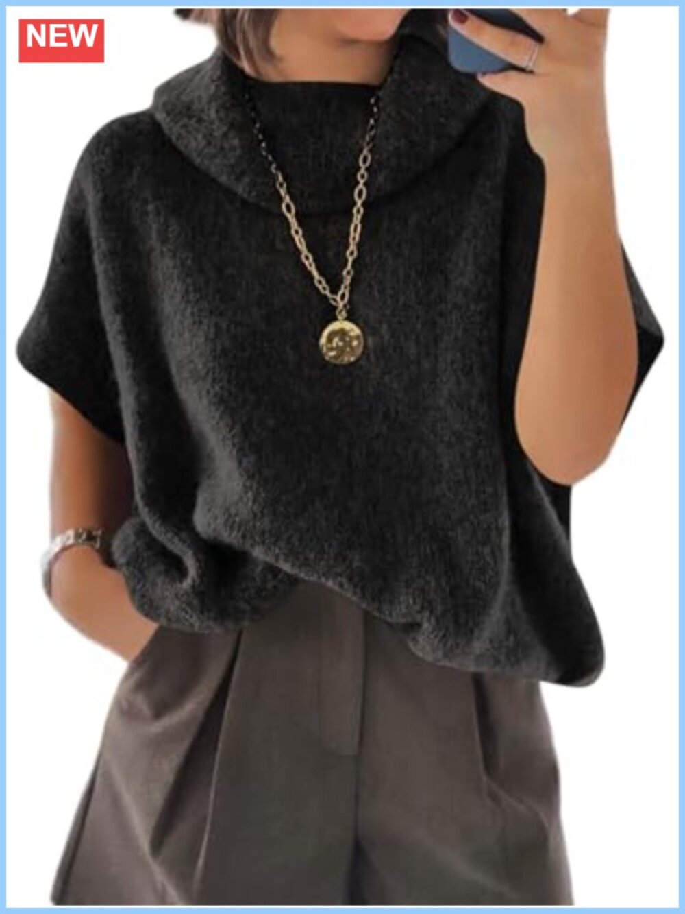 Oversized Turtleneck Sweater Short Sleeve Chunky Knit Pullover